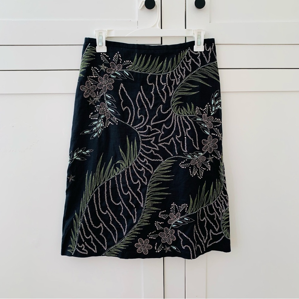 French Connection Ramie Black Beaded Floral Sequin Midi Skirt Size 4